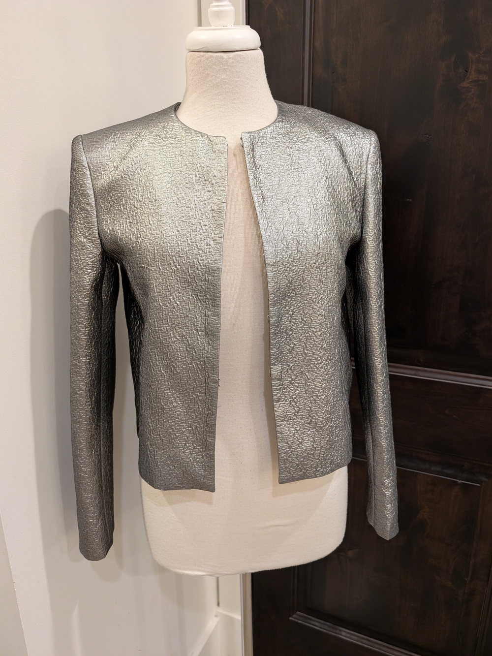 Zara Metallic Silver Textured Open-Front Cropped Blazer